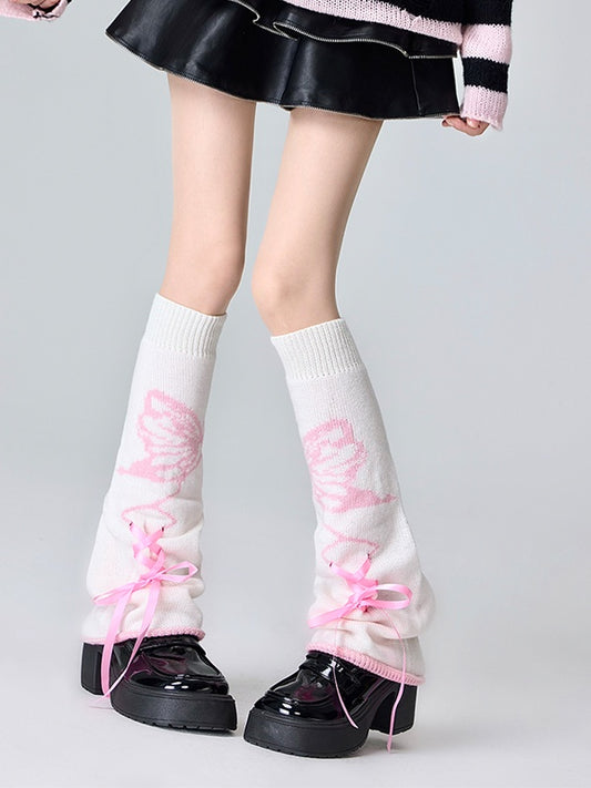 ブラック＆ピンク/ブラック＆ホワイト/ピンク＆ホワイト バタフライ柄 レースアップディテール レッグウォーマー
