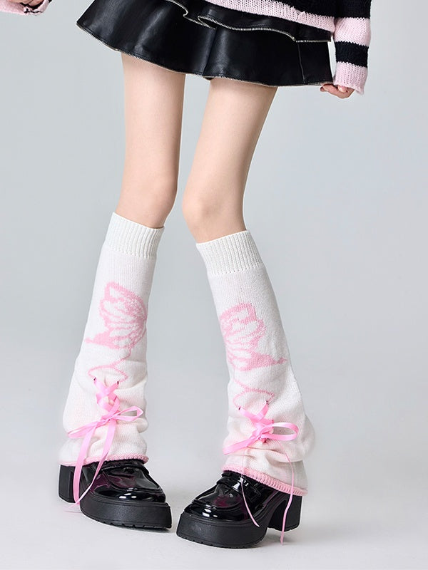 Jambières à lacets avec motif papillon noir et rose/noir et blanc/rose et blanc