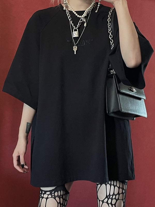 Oversized Dark with Dress Black Frenzy Tonal T-Shirt Embroidery