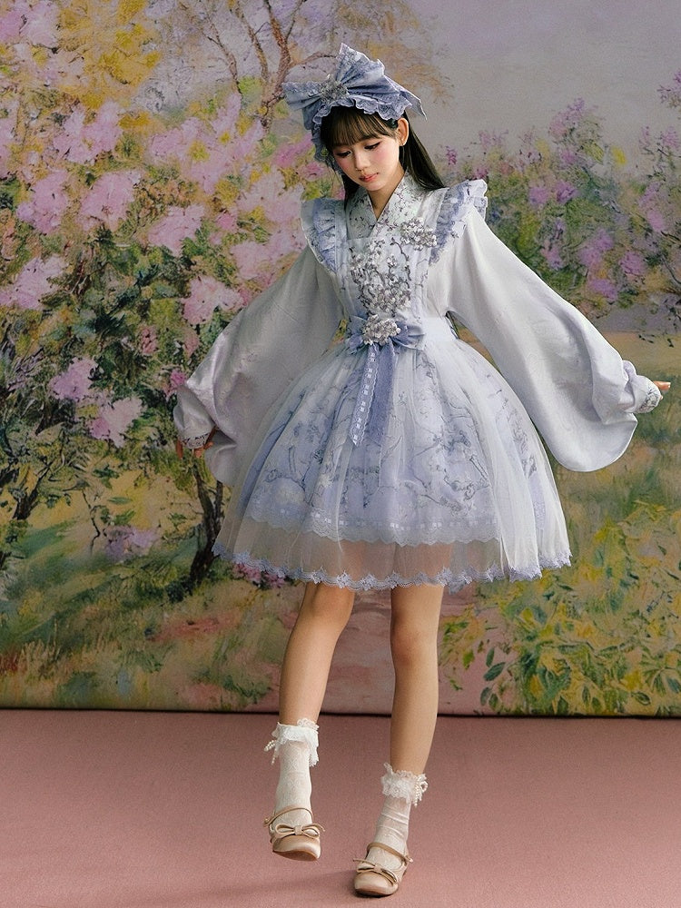 Purple Hanfu-Inspired Chinese Style Long Sleeve Top with Floral Print - Yimu Walnut