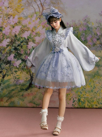 Purple Hanfu-Inspired Chinese Style Long Sleeve Top with Floral Print - Yimu Walnut