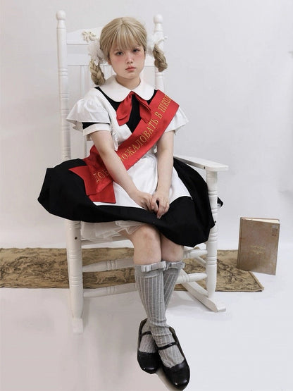 + Sleeves Full Pleated Ribbon Black with Tie Embroidered Dress Apron Short Maid Red Bow Lolita Set