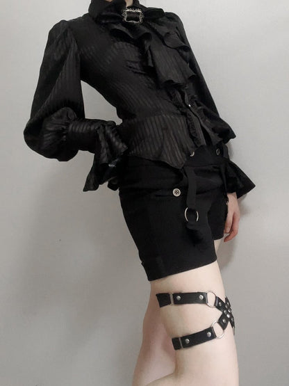 Schwarzes Ouji Lolita Langarmhemd mit Jabot-Fliege