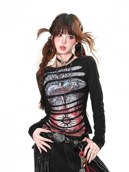 Schwarz/Weißes Rundhals-Top mit Punk-Glamour-Grafik