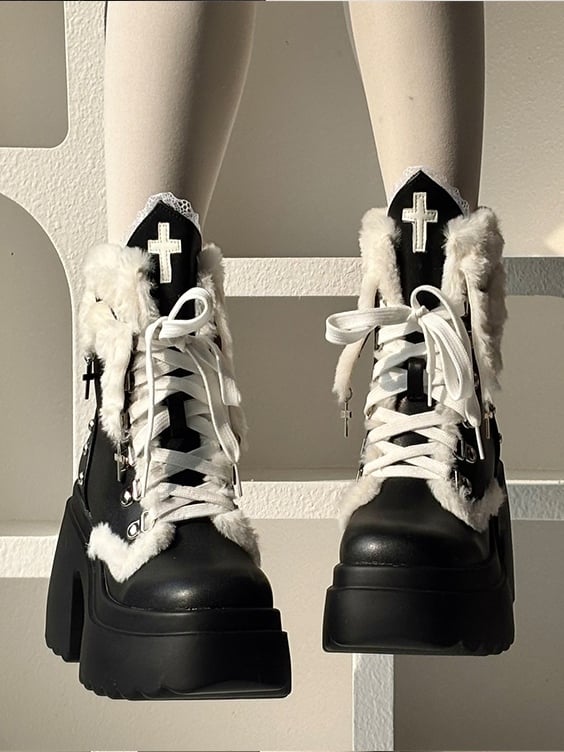 Punk Ankle with High Charm Cross Block Cuff Studded Heel Details Boots Plush Black Platform -