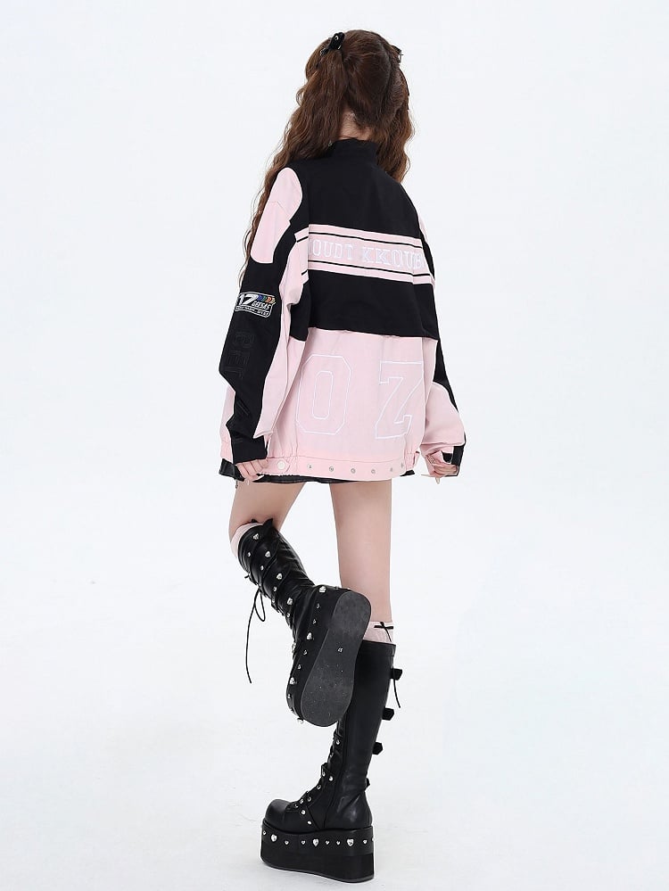 Jacket 2-in-1 Pink Black Detachable in Lining Plush Fleece Baseball with Letters Embroidered