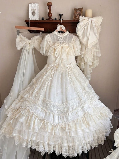 Ivory Floral Embroidered Lolita Gown with Lace Trim and Bow Train - Mademoiselle Pearl
