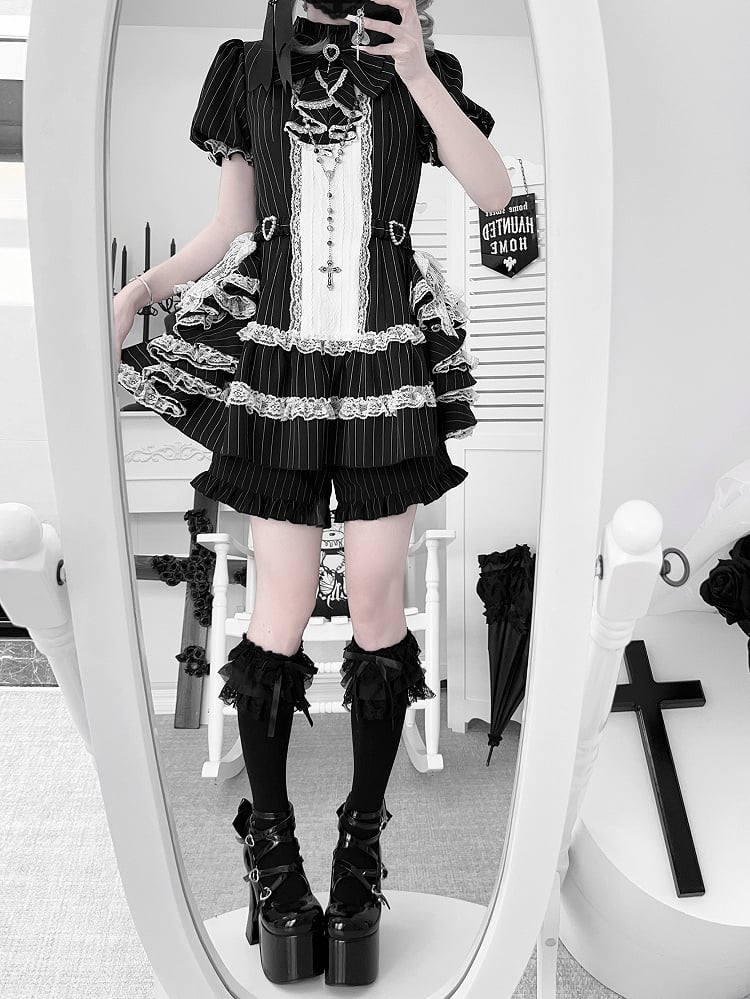 Puffy Jirai Set: Side Striped Design Train Gothic Elegant Dress Black with Sleeve Kei Draped