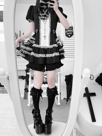 Puffy Jirai Set: Side Striped Design Train Gothic Elegant Dress Black with Sleeve Kei Draped