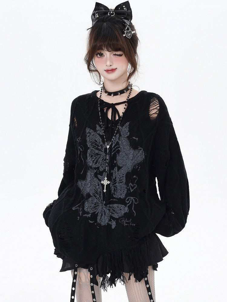 Aprikose/Schwarzes lockeres Strickoberteil mit Schmetterlingsmuster und Löchern im Used-Look und V-Ausschnitt