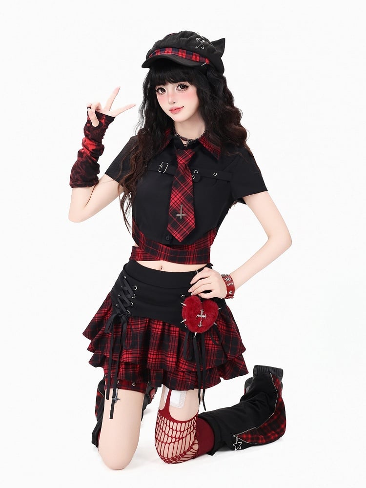 Hot Girl Style Red & Black Plaid Pointed Flat Collar Short Sleeve Top with Tie Detail + Matching Necktie Set - CRAZY GIRL