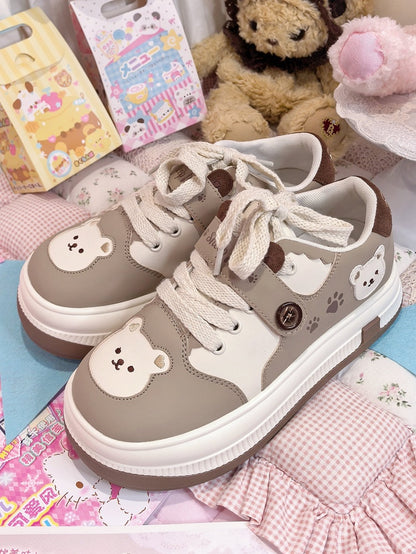 Lolita - Bear with Velcro Detachable Platform Sweet Theme Sneakers Paw Prints Brown