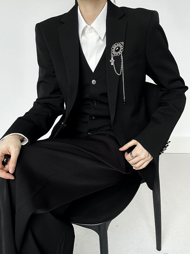 Charm Stone Lolita Vintage Brooch Obsidian with Silver Ouji Black Cross