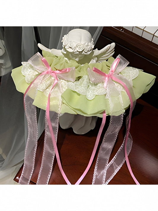 Bow-Adorned Arm Warmers in Green and Pink - Sweetheart Macaron Lolita