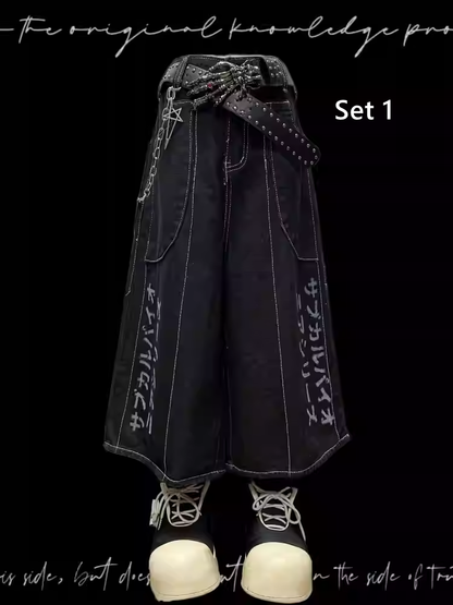 Jeansshorts Y2K Schwarzer Buchstabendruck Weites Bein