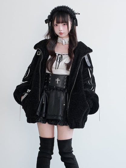 Hooded Black Fleece Ear Decor Buckle Leather Kei Bunny Coat Bow Jirai