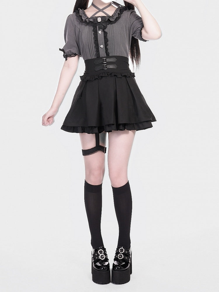 Garter Black Detail Tiered Buckle Strap Skirt Jirai Box Double with Pleat Kei