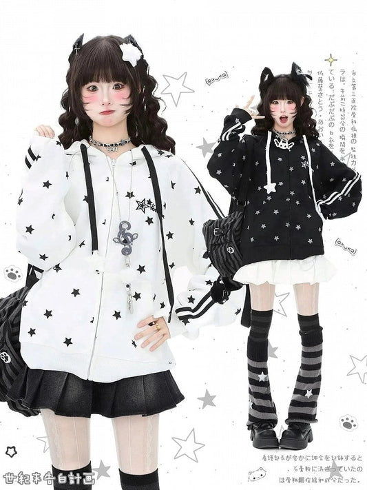 Pattern Black/White Hoodie with Jacket Kawaii Stripe