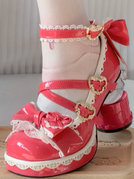 Lace-edged Platforms Transparent Ball-shaped Rose Heels Bow Pink PU - Lolita