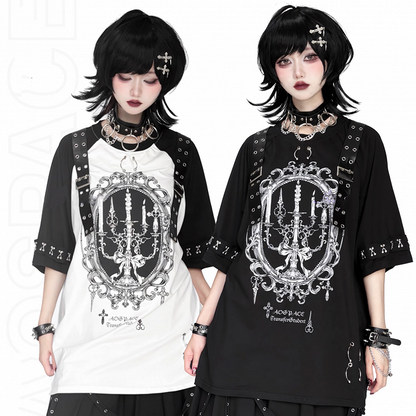 Shoulder Punk on Buckle Frame Print Picture with Cuffs Candelabra Rock Black White T-Shirt and - Details
