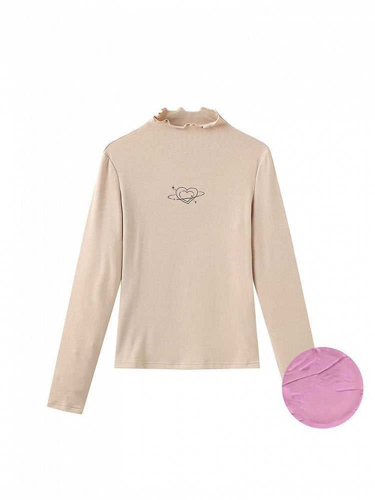 Print Knitted Slim-fitting Top Heart with Minimalist Khaki