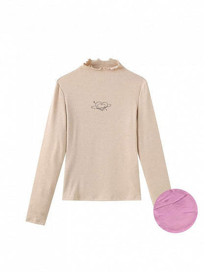 Print Knitted Slim-fitting Top Heart with Minimalist Khaki