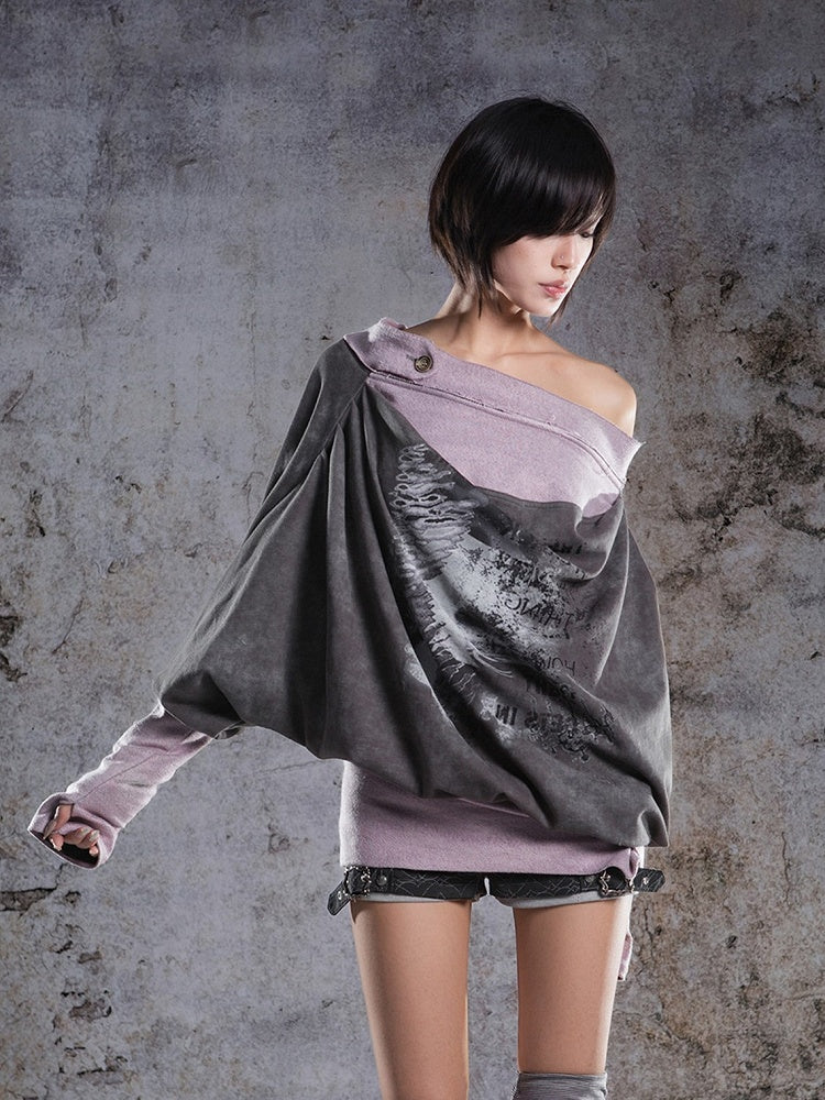 Sleeves Punk Two-piece Top with Batwing Gray-Pink