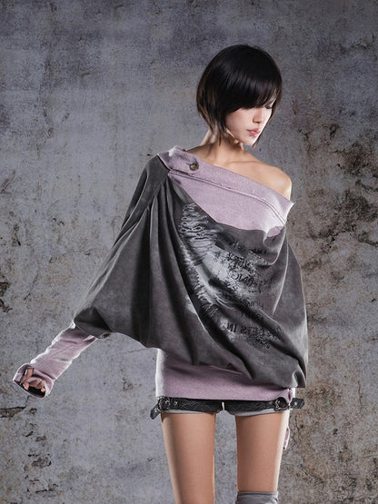 Sleeves Punk Two-piece Top with Batwing Gray-Pink