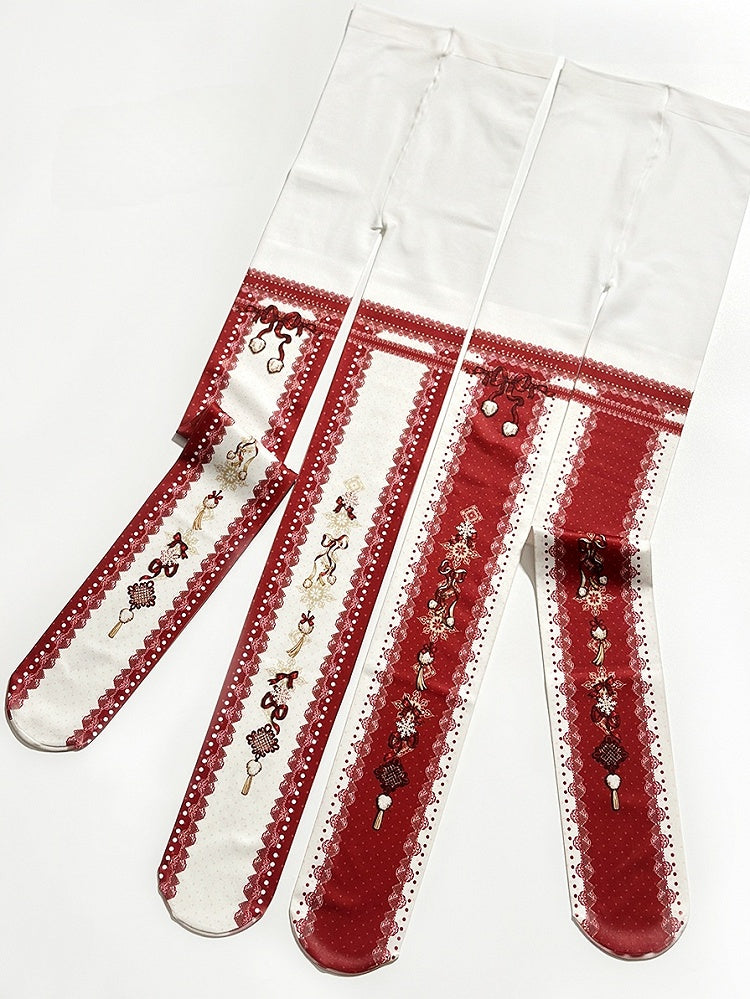 Lolita White/Red Print Lantern Bunny Tights