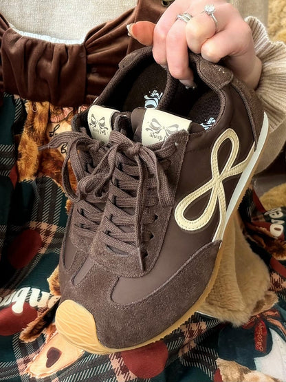 Design Bowknot Ties Front Lace-up Brown Sneakers