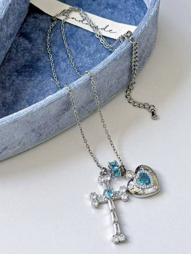 And Necklace Bittersweet Y2K Heart Cross Pendant Pink/Blue/Green Rhinestone