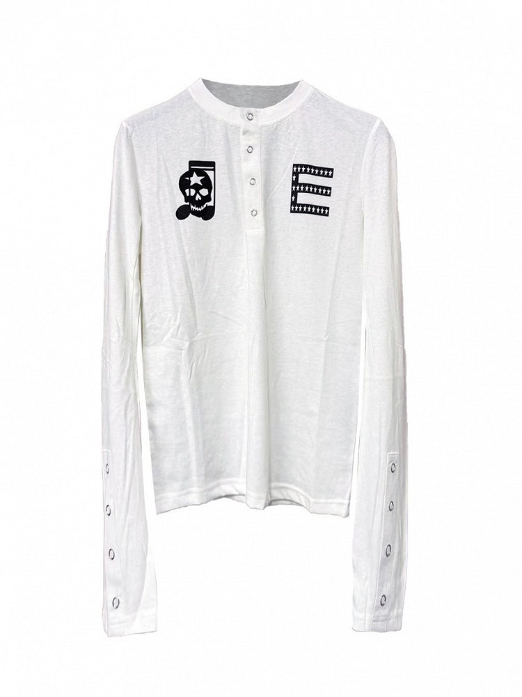 White Henley Neck Curved Long Sleeve Top Skull Print - DETW OnLine