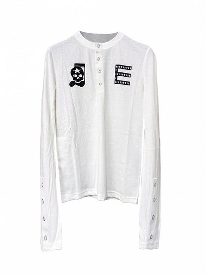 White Henley Neck Curved Long Sleeve Top Skull Print - DETW OnLine