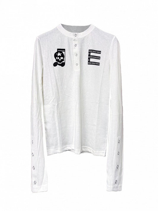 White Henley Neck Curved Long Sleeve Top Skull Print - DETW OnLine
