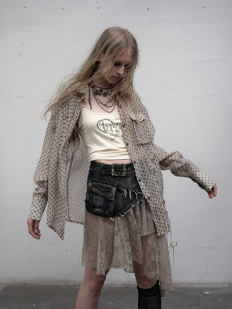 Apricot Laces Shirt with Cross-Tie Punk Dot Side Chiffon Polka Slits