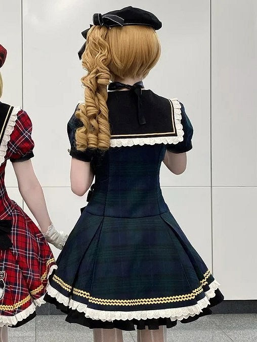 with Lace Plaid Trim Sweet Lolita Green and Black Dress Puppy Patch
