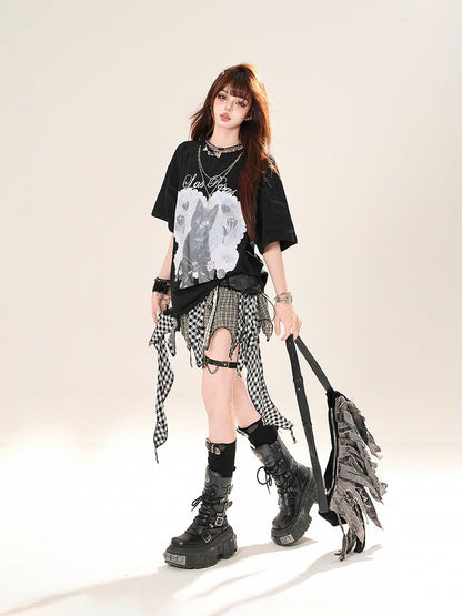 ブラックハンカチヘムチェックスカート