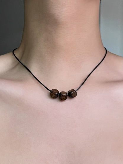 Black Beaded Wooden Charm Pendant Necklace - YSHXS