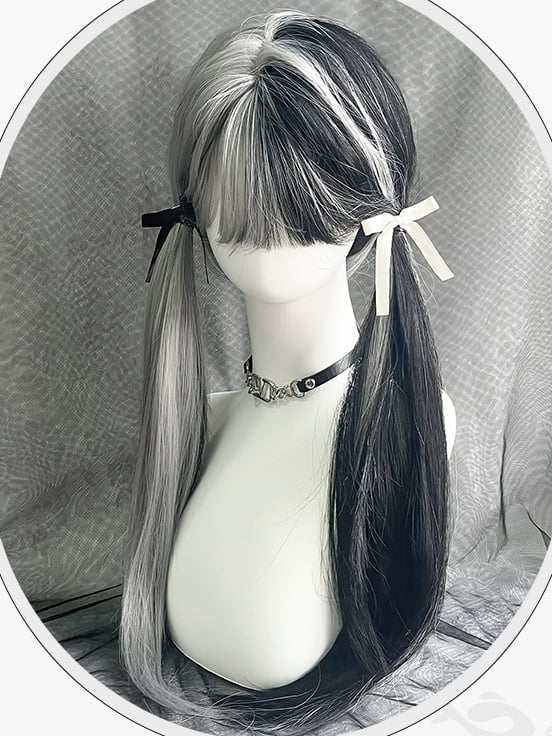 Schwarz-weiße, geteilte, hüftlange, glatte Kunsthaarperücke mit Pony