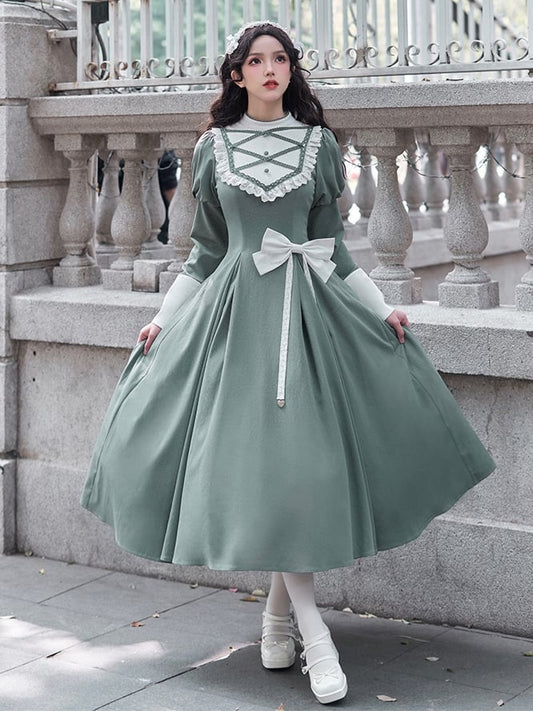 Grünes elegantes Juliette-Ärmelkleid Nonne Lolita Langarm Einteiler