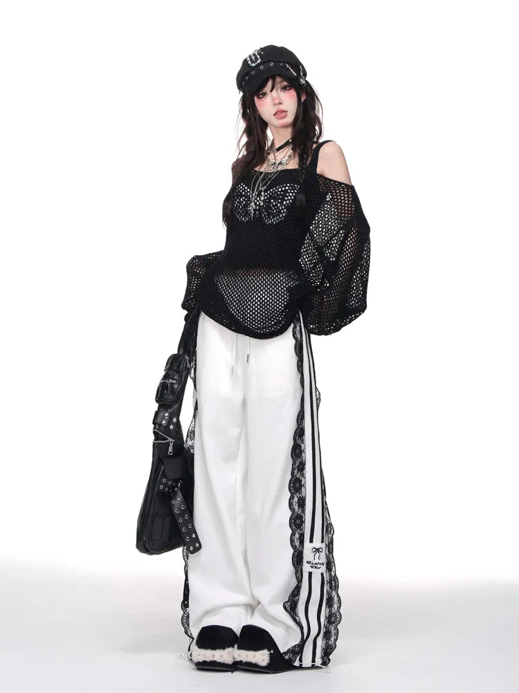 Cut Lace Wide-Leg White/Dark Trim Pants Blau Blokettecore