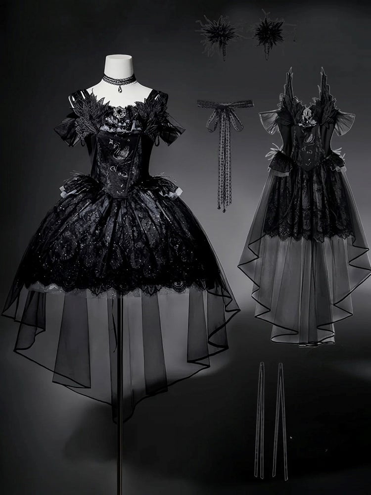 Taille Gothic Shimmer Kuro Black Swan besticktes Baskenkleid