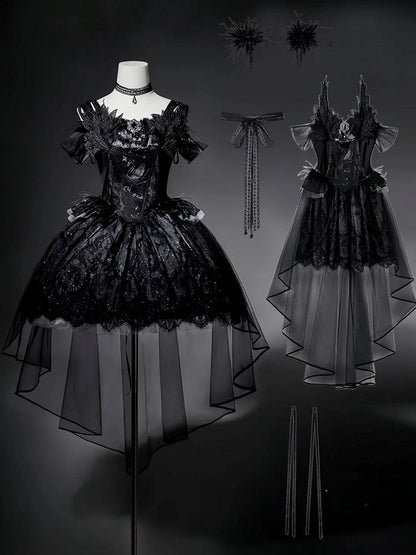Taille Gothic Shimmer Kuro Black Swan besticktes Baskenkleid