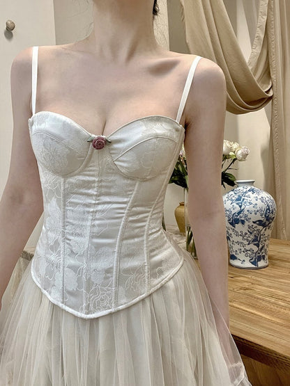 Abnehmbare Schultergurte, Korsett-Oberteil aus Rosettenstoff mit Stäbchen