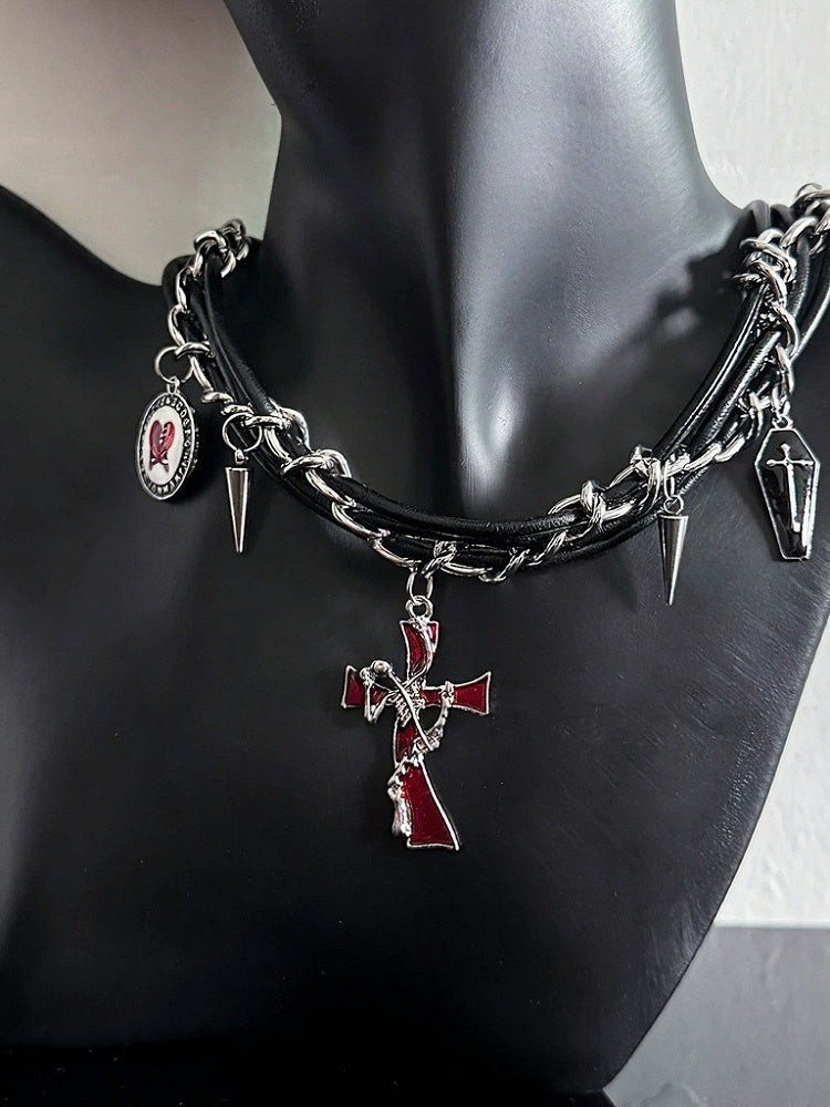 Punk Black Red Choker with Cross Spike Pendants - YSHXS