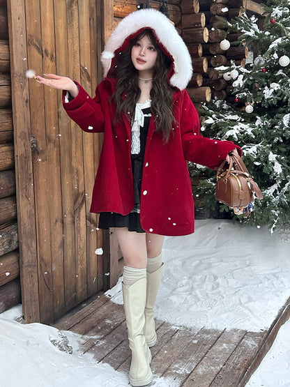 プラスサイズ レッド プラッシュトリム フード付きウールコート