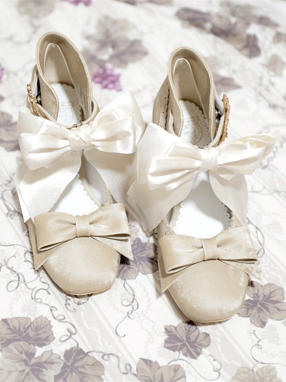 Embellishments Bow Shoes High Heel Delicate Block Classic Beige Lolita - Design