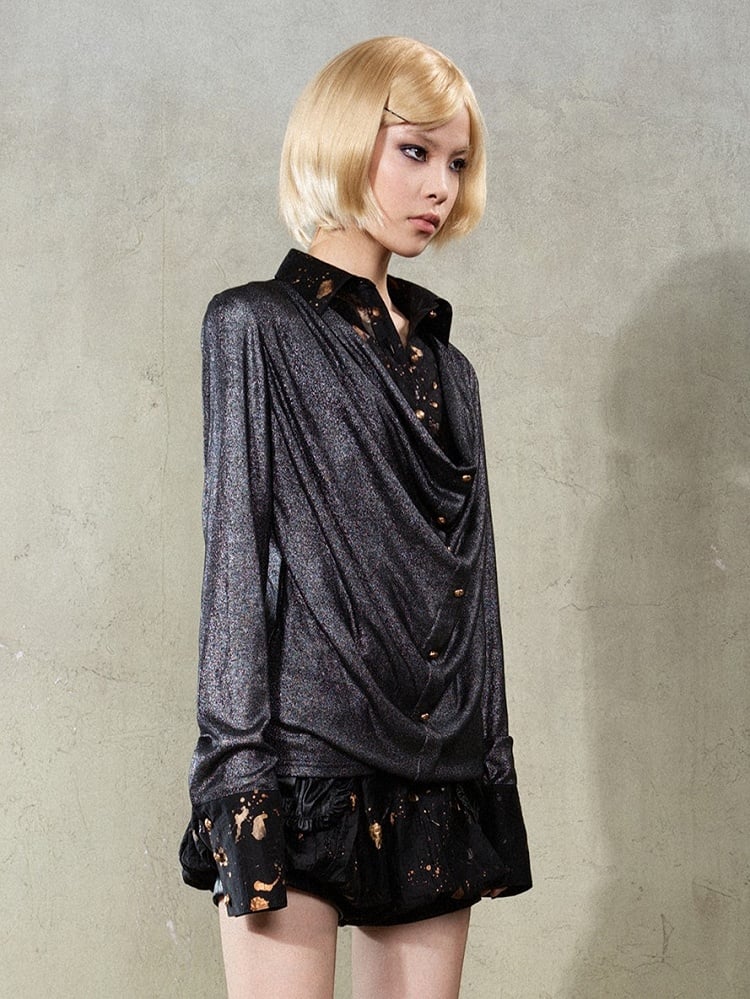 Two-Piece Black Y2K Print Punk Rock Shirt Splatter Faux with