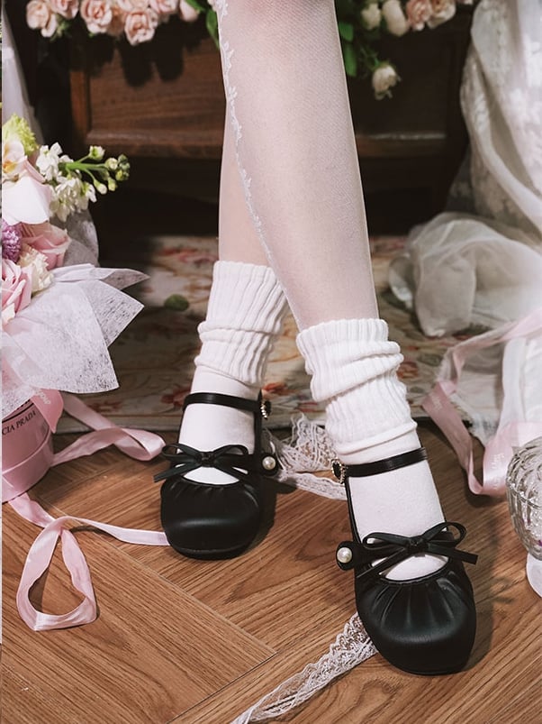 Low-heel Shoes Black Round Rhinestone - PU Buckle Bow Sweet Top Toe Knotted Heart at