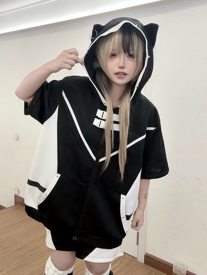 Black Jirai Kei Techwear Coord Set: Kitten Ear Hoodie with Detachable Sleeves, Utility Snaps, Shorts & Leg Warmers